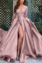 Modern Half Sleeves Slit Evening Dress Satin Long With Lace