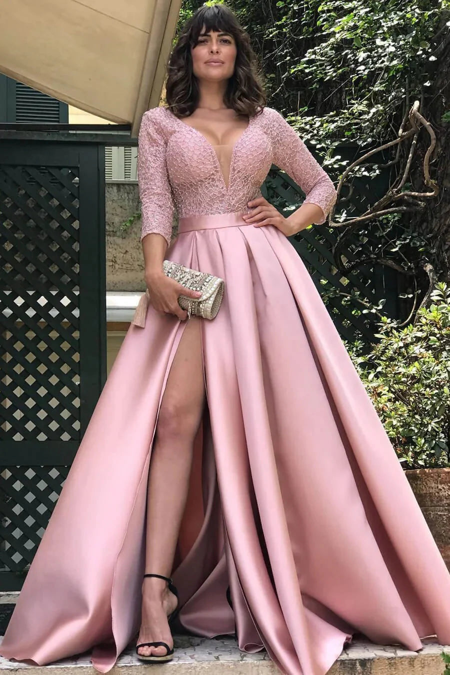 Modern Half Sleeves Slit Evening Dress Satin Long With Lace