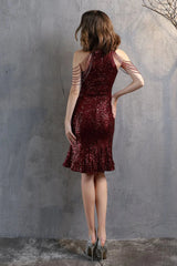 Modern Halter Mermaid Short Evening Dress Tassels Sequins Party Gowns
