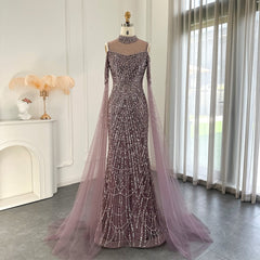 Moderne high necy parels mauve prom jurk zeemeermin lang met ruches