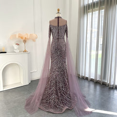 Moderne high necy parels mauve prom jurk zeemeermin lang met ruches