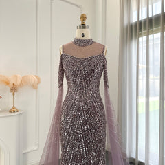 Moderne high necy parels mauve prom jurk zeemeermin lang met ruches