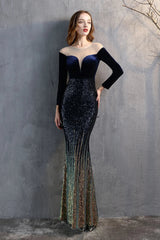 Modern Long Sleeves Illussion Neck Evening Dress Mermaid Sequins Long