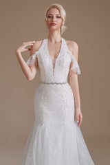 Modern Long Tulle Wedding Dress with Halter and Lace Appliques