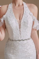 Modern Long Tulle Wedding Dress with Halter and Lace Appliques