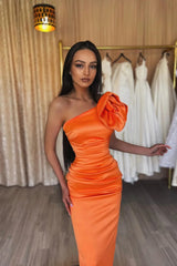 Modern Orange One Shoulder Prom Dress Sleeveless Sheath Evening Gown
