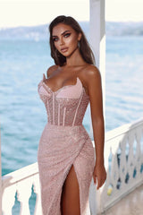 Modern Pink Sweetheart Sequins Evening Dress Mermaid Long With Slit