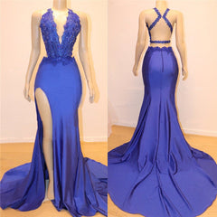 Modern Royal Blue Appliques V-Neck Open Back Mermaid Prom Dress