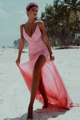 Modern Spaghetti-Straps Pink Evening Dress V-Neck Slit Long