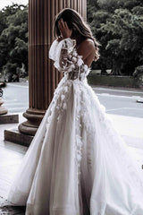 Ivory Wedding Dress Long Sleeve Corset A Line Off The Shoulder Tulle Bridal Dress With Appliques Beautiful