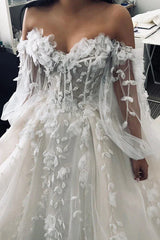 Ivory Wedding Dress Long Sleeve Corset A Line Off The Shoulder Tulle Bridal Dress With Appliques Beautiful