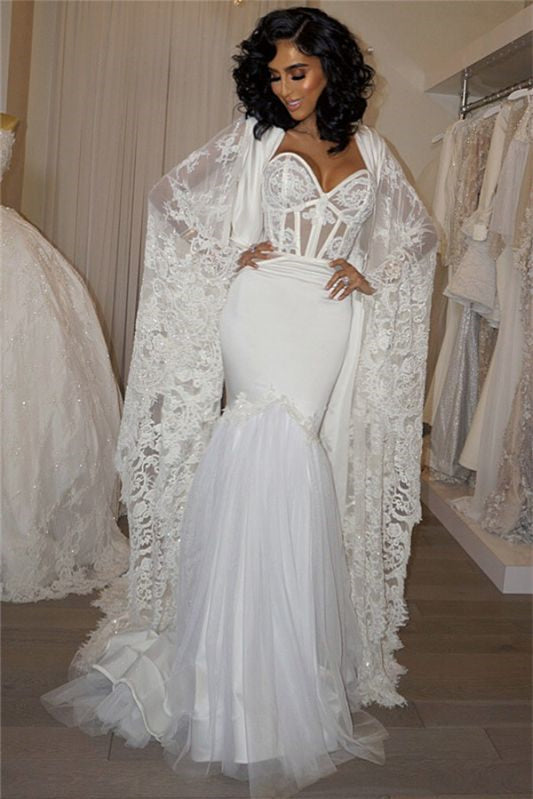Modern Sweetheart Wedding Dress with Lace Mermaid Cape