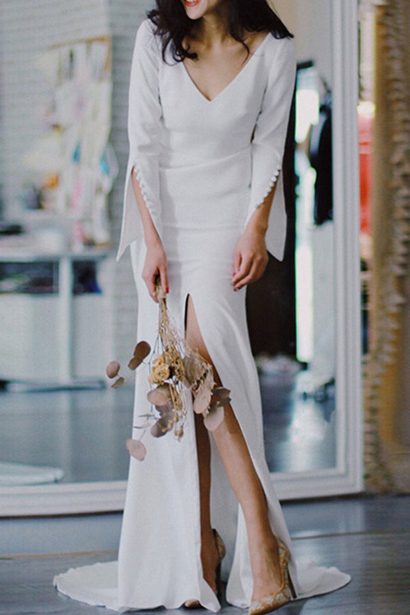 Modern V-Neck Long Sleeve Slit Wedding Dress