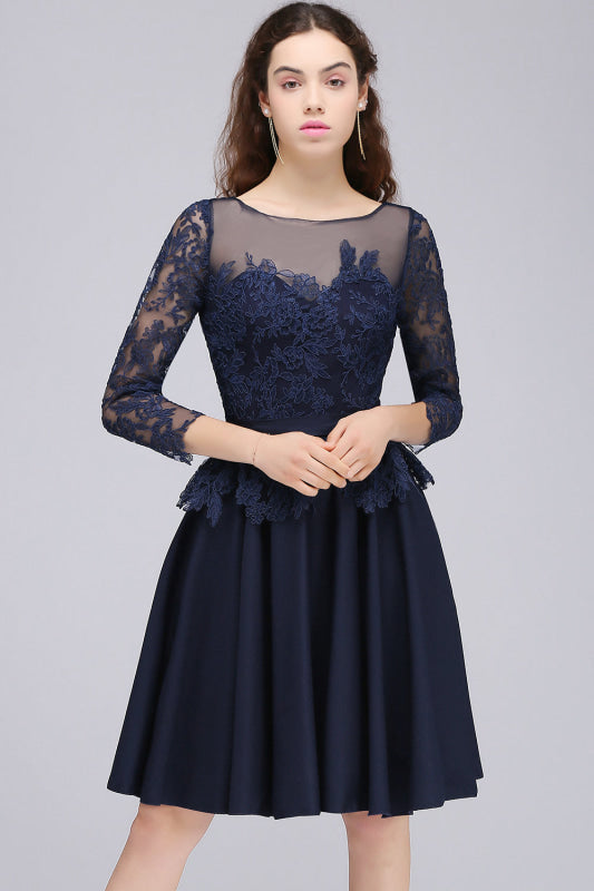 Modest 3/4 Sleeves Short Navy Blue Bridesmaid Dresses Lace Appliques Formal Dress