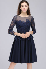 Modest 3/4 Sleeves Short Navy Blue Bridesmaid Dresses Lace Appliques Formal Dress