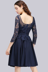 Modest 3/4 Sleeves Short Navy Blue Bridesmaid Dresses Lace Appliques Formal Dress