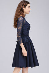 Modest 3/4 Sleeves Short Navy Blue Bridesmaid Dresses Lace Appliques Formal Dress