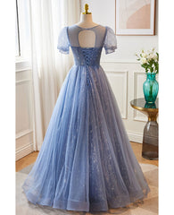 Unique and beautiful sky blue low round neck short sleeved beaded sequin ball dress with sky blue A-line/princess backless strap and ground length evening dress