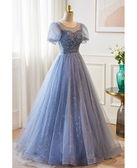 Unique and beautiful sky blue low round neck short sleeved beaded sequin ball dress with sky blue A-line/princess backless strap and ground length evening dress