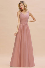 Modest Floral Lace A-line Bridesmaid Dress V-Neck Ruched Chiffon Wedding Guest Dress