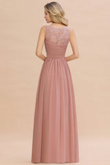 Modest Floral Lace A-line Bridesmaid Dress V-Neck Ruched Chiffon Wedding Guest Dress