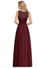 Modest Floral Lace A-line Bridesmaid Dress V-Neck Ruched Chiffon Wedding Guest Dress