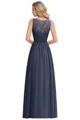 Modest Floral Lace A-line Bridesmaid Dress V-Neck Ruched Chiffon Wedding Guest Dress