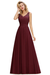 Modest Floral Lace A-line Bridesmaid Dress V-Neck Ruched Chiffon Wedding Guest Dress