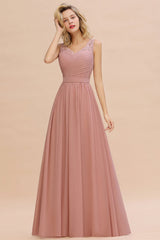 Modest Floral Lace A-line Bridesmaid Dress V-Neck Ruched Chiffon Wedding Guest Dress