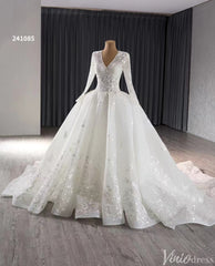 Modest Lace Long Sleeve Balll Gown Wedding Dresses V-neck Corset Back 241085