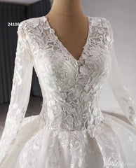 Modest Lace Long Sleeve Balll Gown Wedding Dresses V-neck Corset Back 241085