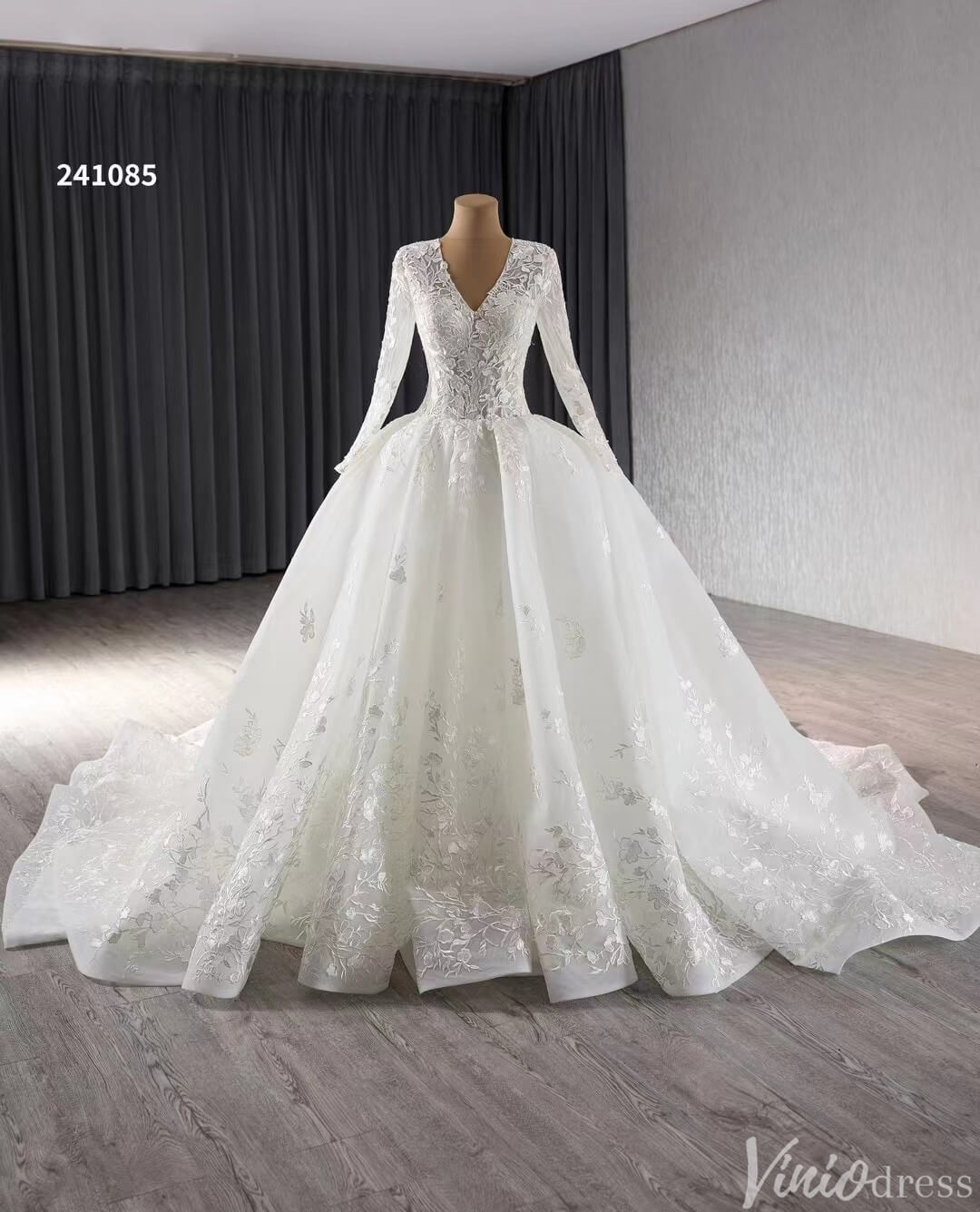 Modest Lace Long Sleeve Balll Gown Wedding Dresses V-neck Corset Back 241085