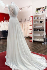 Bescheiden lange A-Line A-Line Chiffon Jewel Appliques Open Back Wedding Dress