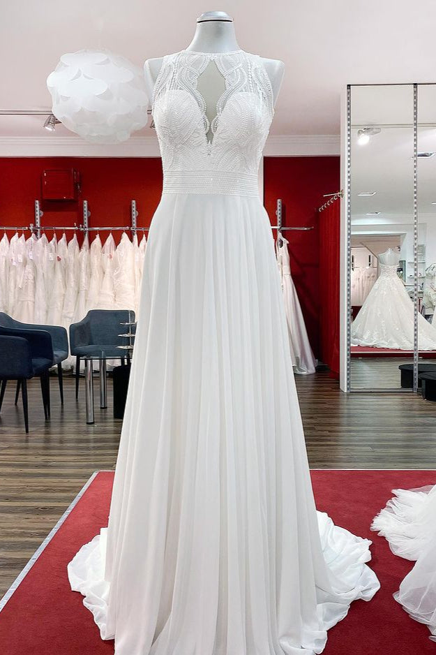 Bescheiden lange A-Line A-Line Chiffon Jewel Appliques Open Back Wedding Dress