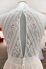 Bescheiden lange A-Line halter tule kant backless trouwjurken