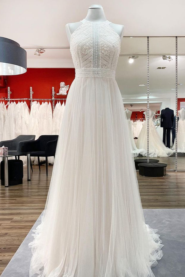Bescheiden lange A-Line halter tule kant backless trouwjurken