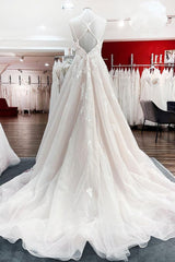 Bescheiden lange prinses v-neck tulle spaghetti riemen trouwjurk met kant