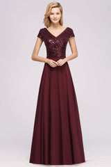 Modest Sequins Aline Chiffon Bridesmaid Dress Burgundy