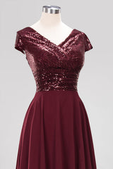 Modest Sequins Aline Chiffon Bridesmaid Dress Burgundy
