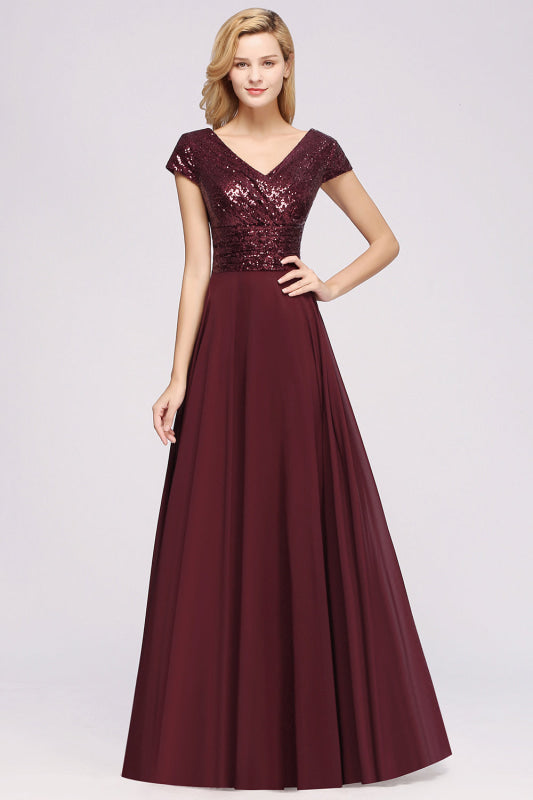 Modest Sequins Aline Chiffon Bridesmaid Dress Burgundy