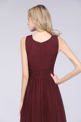 Modest Sleeveless Burgundy Bridesmaid Dresses with Ruffles
