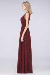 Modest Sleeveless Burgundy Bridesmaid Dresses with Ruffles