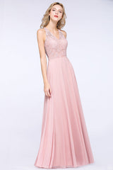 Modest V-Neck Lace Aline Bridesmaid Dresses Chiffon