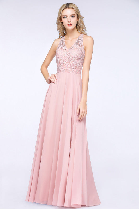 Modest V-Neck Lace Aline Bridesmaid Dresses Chiffon