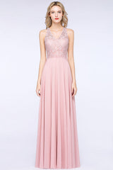 Modest V-Neck Lace Aline Bridesmaid Dresses Chiffon
