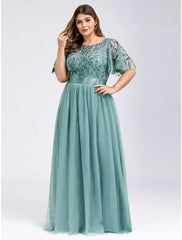 DingjiA-Line Prom Dresses Plus Size Dress Wedding Guest Prom Floor Length Short Sleeve Jewel Neck Bridesmaid Dress Chiffon with Appliques