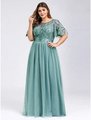 A-Line Prom Dresses Plus Size Dress Wedding Guest Prom Floor Length Short Sleeve Jewel Neck Bridesmaid Dress Chiffon with Appliques