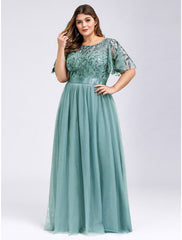 A-Line Prom Dresses Empire Dress Wedding Guest Prom Floor Length Short Sleeve Jewel Neck Bridesmaid Dress Tulle with Sequin Appliques