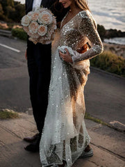 Wholesale A-Line/Princess V-Neck Long Sleeves Sequins Wedding Dress