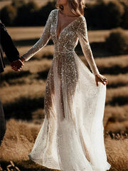 Wholesale A-Line/Princess V-Neck Long Sleeves Sequins Wedding Dress